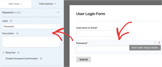 go to the left-hand side menu and click on the Password box in your template to bring up the editing options: