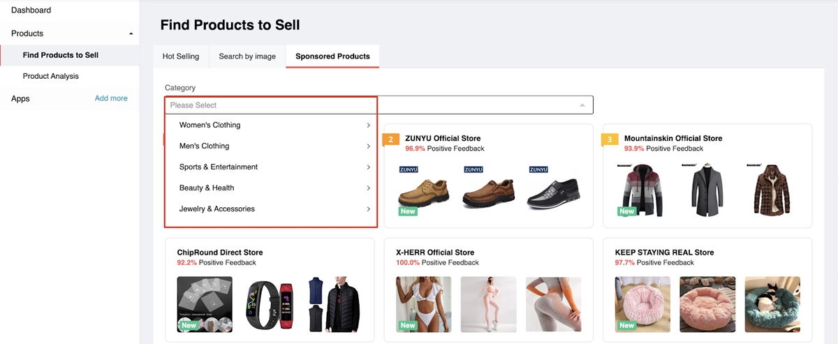 AliExpress dropshipping center: sponsored products