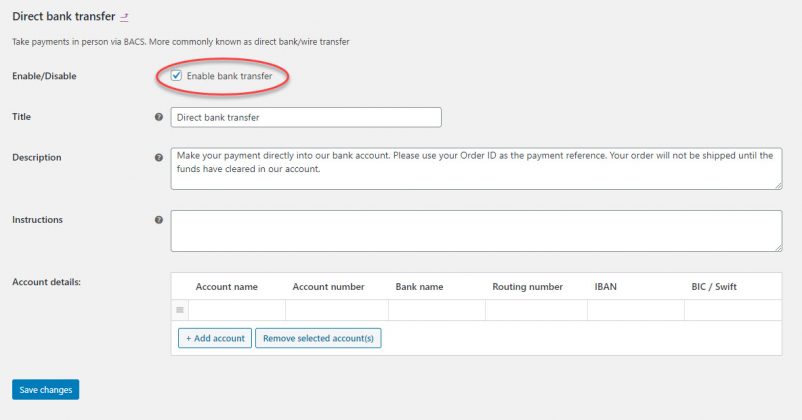 Direct bank transfer Setup