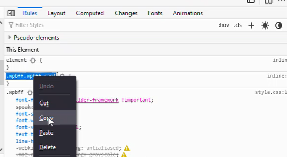 Inspect the CSS class of cart icon