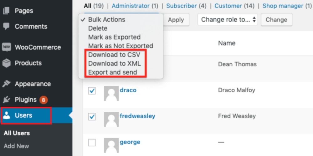 Export data from user list