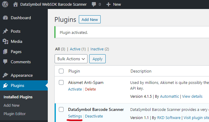 Click Settings to change the Barcode Scanner Plugin for WordPress.