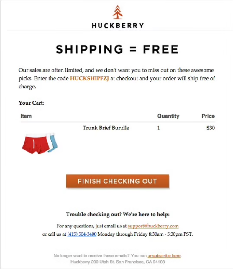 Free shipping email template example from Huckberry