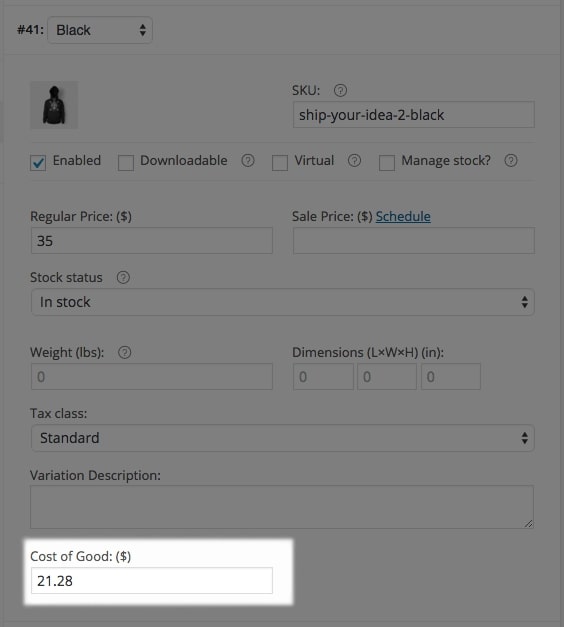 Manually customize the Product Variation costs