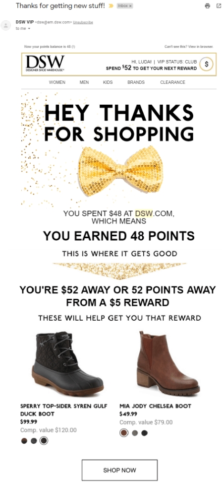Ecommerce email marketing example: follow up email from DSW